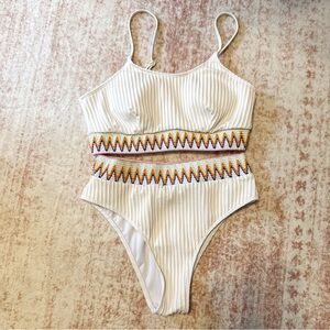 Textured Ribbed Bikini Set White Colorful Zigzag Trim High Waisted Size L